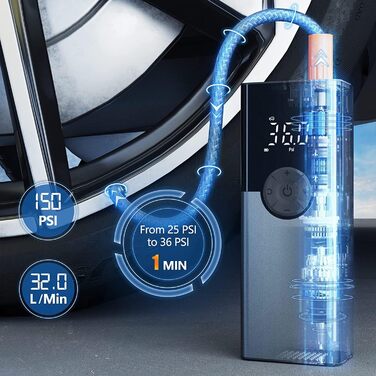 Портативний електричний насос-компресор ZORUMAN 6000mAh, 150 PSI для авто, мотоцикла, велосипеда