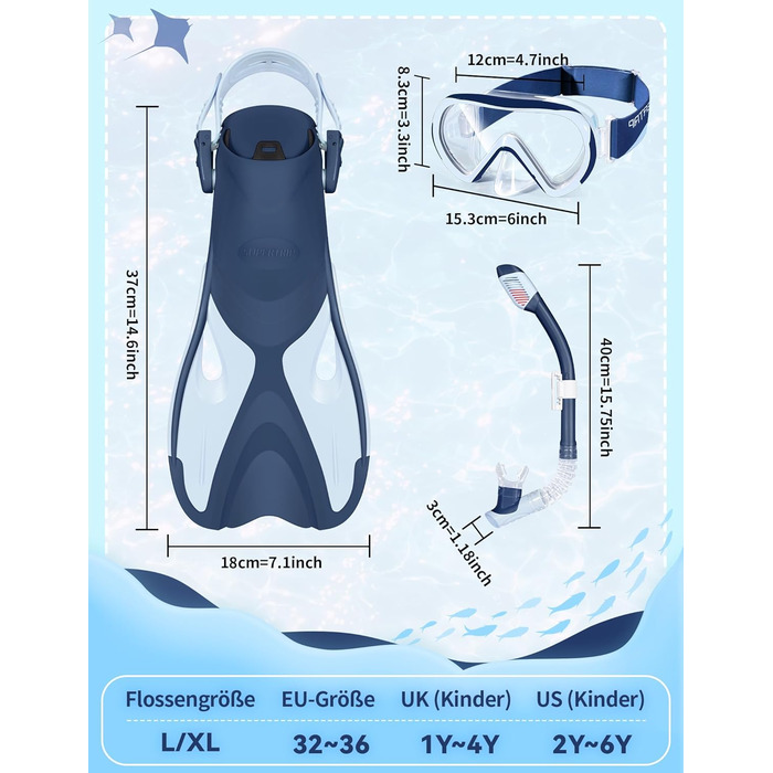 Набір для снорклінгу Supertrip SeaBlue L/XL (32-36 EU) для дітей: маска з панорамним оглядом 180°, ласти, трубка з клапаном
