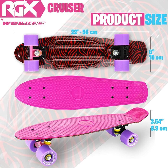 Скейтборд WeLLIFE Mini Cruiser RGX 56 см рожевий, PU 78A, ABEC-7RS, для підлітків і дорослих