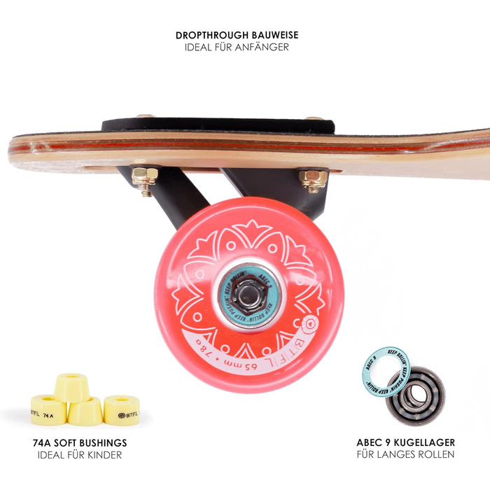 Longboard BTFL MAYA для дітей від 5 років з підшипниками ABEC 9, Drop Through Cruiser, скейтборд для початківців та досвідчених райдерів, фрірайд та для вулиць