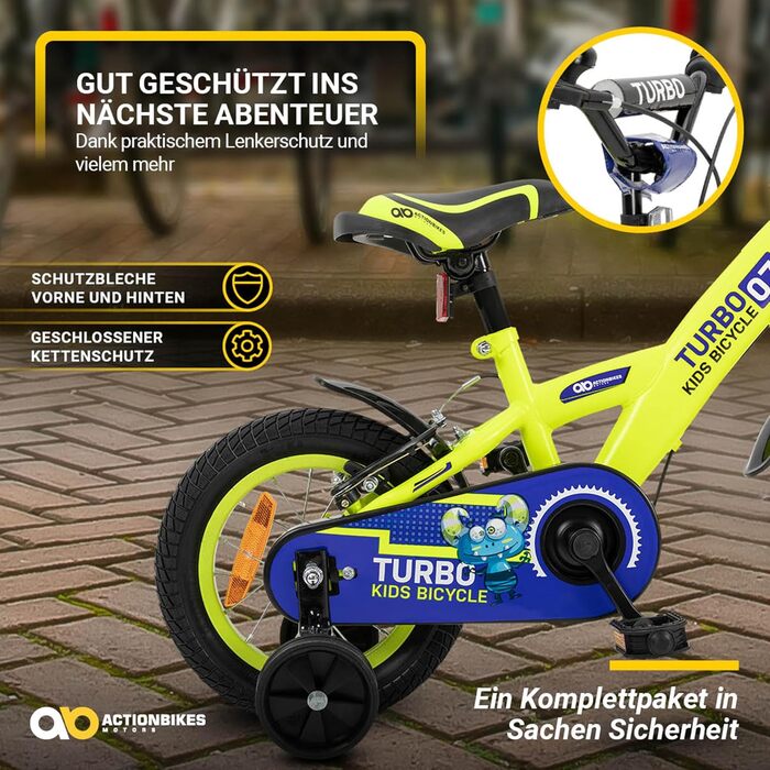 Детский велосипед Actionbikes Turbo 12/16 дюймов - V-Brake тормоза, защита от брызг, для детей 2-7 лет (для девочек и мальчиков)
