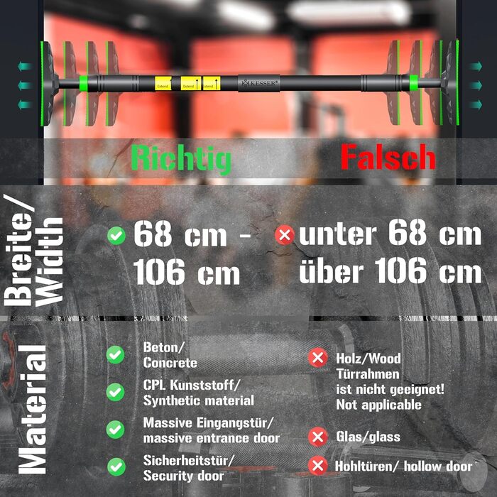 KESSER® Турнік для дверей регульований, турнік для домашніх тренувань, турнік без свердління, висувний 68-106 см, вантажопідйомність до 300 кг, з неслизькими ручками, з еластичними стрічками (зелені)