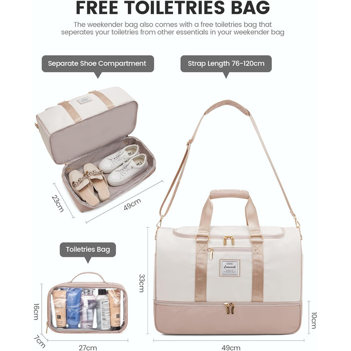 Сумка-валіза LOVEVOOK для жінок, 37L, для подорожей, вихідної подорожі, пологового будинку з косметичкою, відділенням для взуття та мокрих речей, водонепроникна спортивна сумка, Gym Yoga Bag, ручна поклажа для спорту, відпустки, літака, бежево-рожева