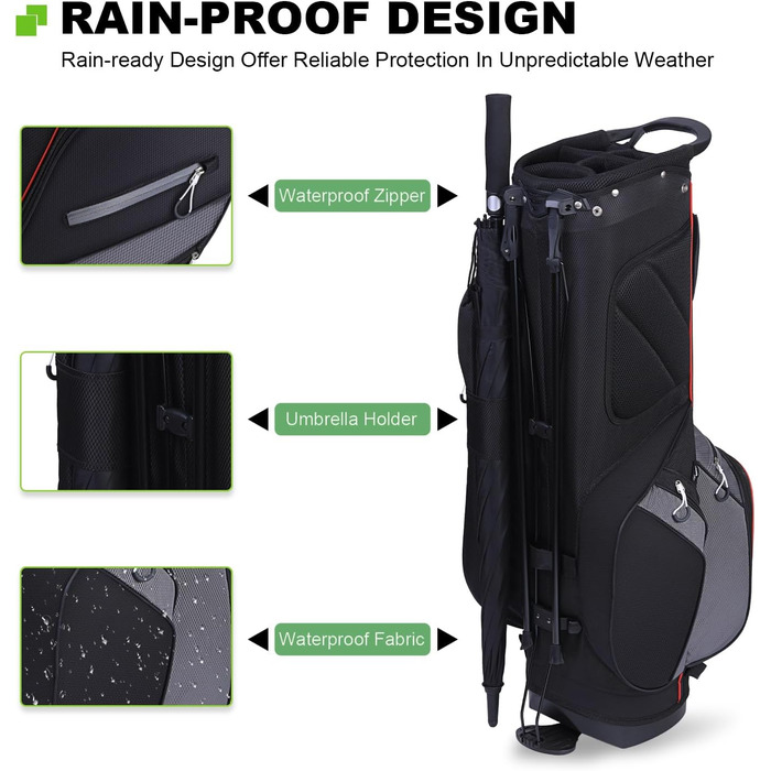 Гольф-сумка MAZEL з 6-ма перегородками, 7 водонепроникними кишенями, великим об'ємом, водонепроникним матеріалом та товстим підпоясом, легка (чорна)