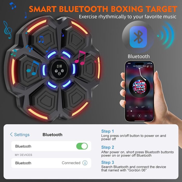 Музичний боксерський тренажер Snawowo для дорослих з LED підсвіткою та Bluetooth - Електронний боксерський тренажер з рукавичками, 9 режимів і режимом рахунку, чорний