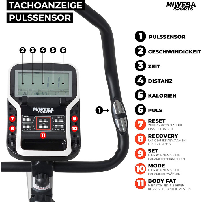 Велотренажер Miweba Sports ME400 з магнітним опором, 12 кг маховик, до 150 кг, LCD-дисплей, керування через додаток, пульсометр, для дому, чорний/білий