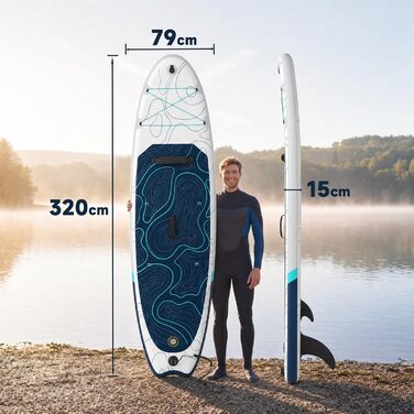 Надувний SUP-борд JUMMICO 320x80x15 см з каяковим сидінням та веслом, до 160 кг, для серфінгу, риболовлі, йоги (бірюзово-білий з хвилями)