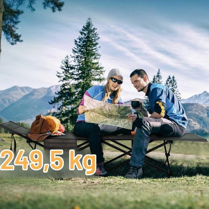 Складане кемпінгове ліжко OVERMONT з матрацом, 190x71x36 см, витримує до 250 кг, тканина Oxford 2400D, з кишенею та сумкою для перенесення, чорно-сіре