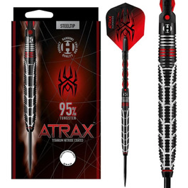 Дротики Harrows Atrax 95% вольфрамові зі сталевим наконечником, набір для дартсу 21–26 г, карбонові ST-шафти, 100 мікрон Atrax Red оперення