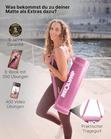 NEOLYMP Fitness Mat - Товста та неслизька фітнес-мат з E-book та ремінком - для йоги, пілатесу, тренувань (Рожева, 61 см)
