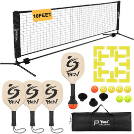 Набір для піклболу NQV з сіткою: 10 футів, комплект для гри, сітка, ракетки з дерева, м'ячі, збирачі м'ячів, розмітка майданчика, портативний для дорослих та початківців