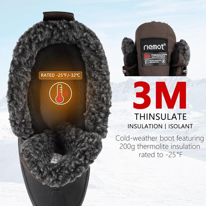 Водонепроникні зимові черевики Riehmot для жінок та чоловіків. Теплі, з підкладкою, антиковзні, для ходьби, трекінгу, роботи та катання на лижах. Розміри EU 36-47 (Новий, коричневий, 45 EU)