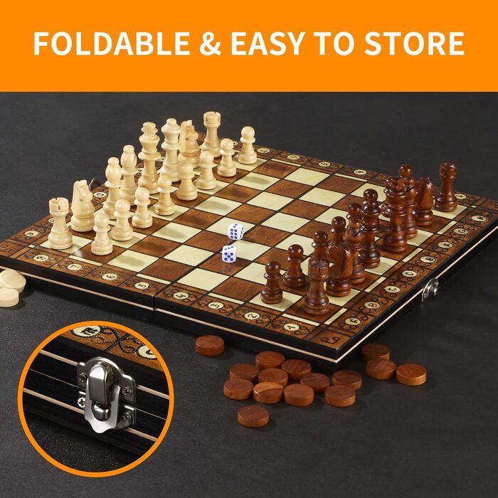 Набір для гри в шахи 3-в-1, дерев'яний, магнітний, 29 x 29 см. Шахи для дітей, для ігор, сімейних вечірок