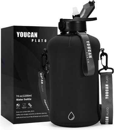 Спортивна пляшка для води Youcan Plato 2 л з соломинкою, чохлом, BPA Free, для газованої води, чорна, фітнес-глечик