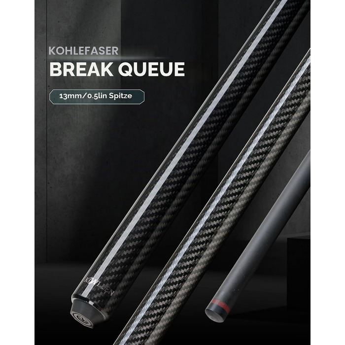 Більярдний кий для розбиву KONLLEN Heavy Hitter, карбоновий Break-Queue з наконечником 12,9 мм, професійний пул-стік (чорний)