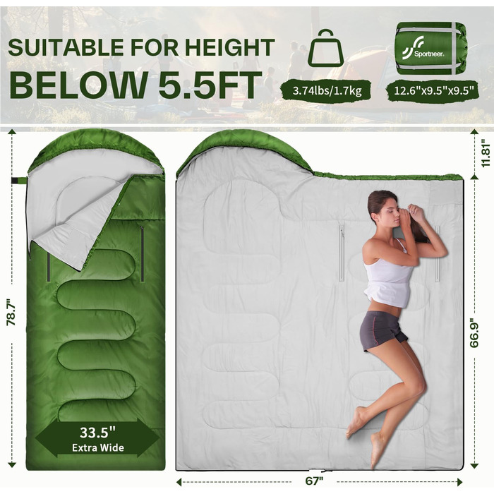 Сплячий мішок Sportneer Outdoor - ковдровий спальний мішок 3-4 сезони для дорослих, теплий спальний мішок для кемпінгу, подорожей та активного відпочинку (200x85см, зелений)