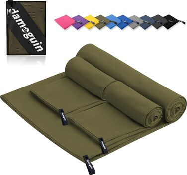 Набір рушників Damoguin 3 шт. з мікрофібри (великий 180x80 см, 2 шт. малий 80x40 см) - спортивні, пляжні, для подорожей (армійний зелений)