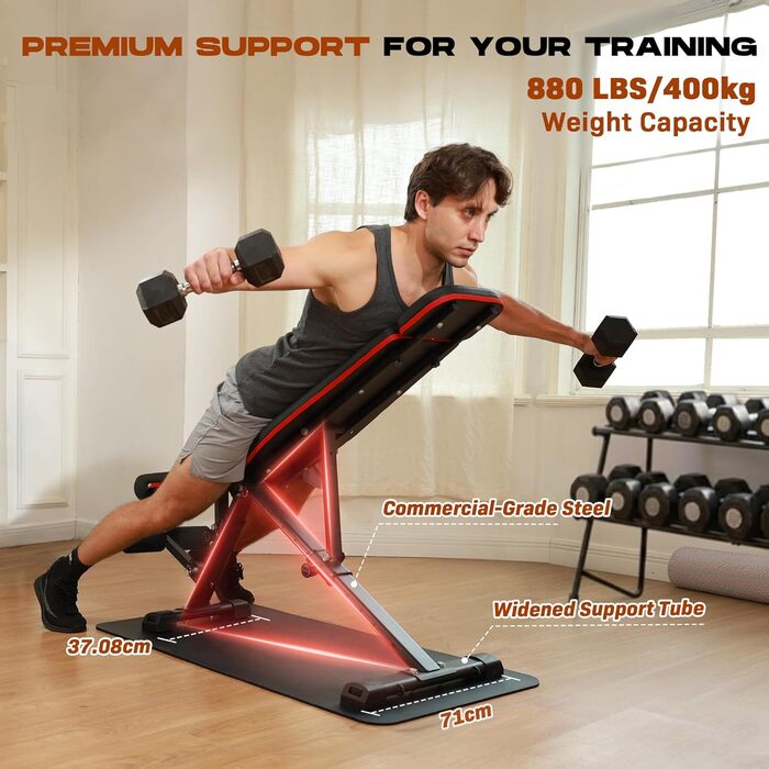 Складана лава для тренувань Roygym, багатофункціональна, з регульованою спинкою, для загальної фізичної підготовки, витримує до 400 кг (чорна з підголівником)