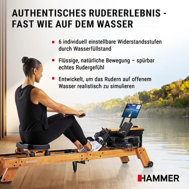 Гребний тренажер HAMMER AquaFold: складаний, з натурального дерева, з Bluetooth та комп'ютером для домашніх тренувань