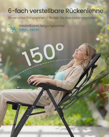 Складний туристичний стілець SONGMICS для відпочинку, риболовлі та кемпінгу, чорний, з регульованою спинкою 95°-150°
