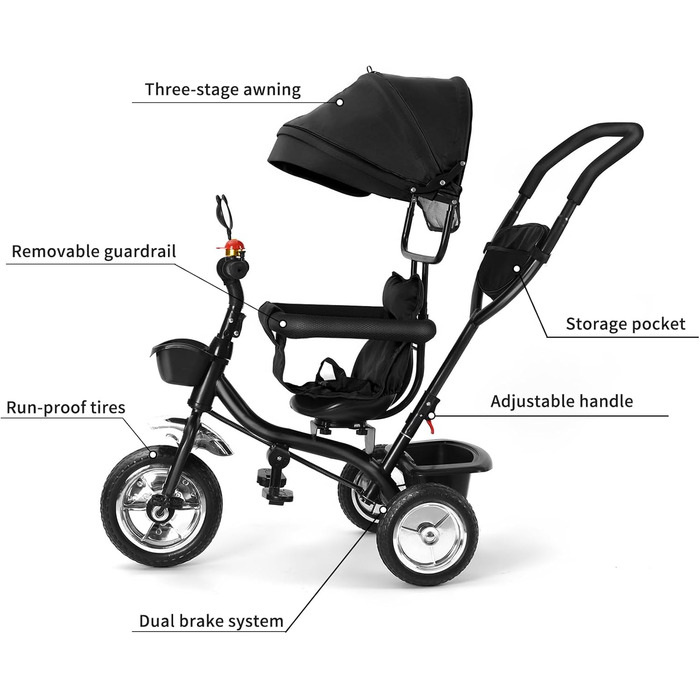 Триколісний велосипед для малюків 5 в 1, росте разом з дитиною, велосипед-коляска, поворотний сидіння 360°, штовхач, знімний капюшон, ремінь безпеки 3-точ., кошик, 1-5 років (5 в 1), чорний