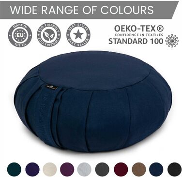 Йога подушка Zafu кругла 35x18 см, бавовна, гречане лушпиння, синя (Yoga Studio), з ручкою – органічна для медитації
