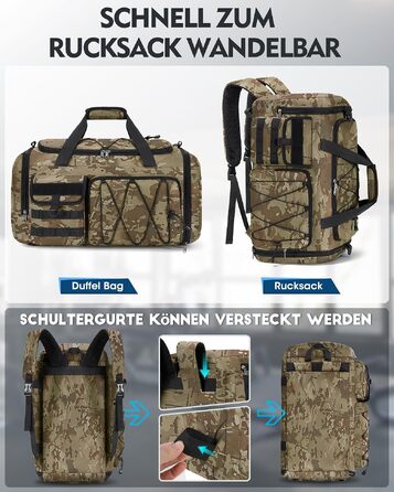 Спортивна сумка RAINSMORE 45L 3-в-1 для фітнесу та подорожей з відділенням для взуття та вологих речей, водонепроникна дорожня сумка (Хакі Камуфляж)