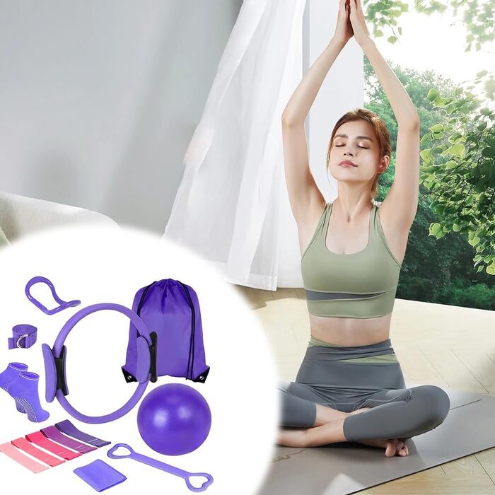 Набір для пілатесу та йоги, 13 предметів: кільце, м'яч, ремінь, кільце-еспандер, ремінь-помічник, набір для пілатесу, фіолетовий