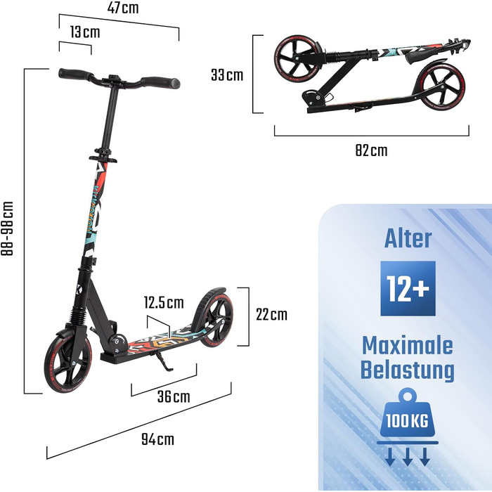 Самокат Leogreen Cityroller 205 мм, алюмінієвий, складаний, регульований, для дорослих і підлітків, до 100 кг, PU колеса, зі стійкою