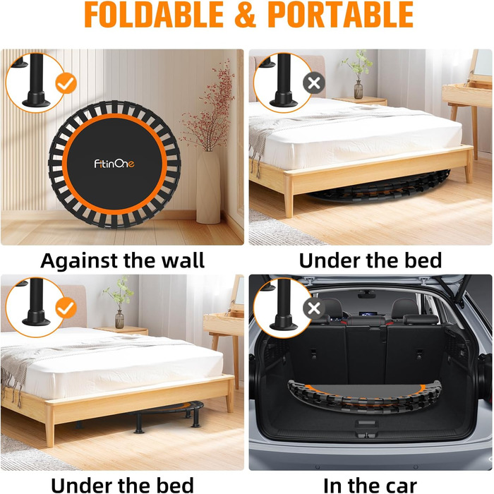 Міні-трамплін складний, вантажопідйомність 204 кг, портативний тренажер-рібаундер з регульованою ручкою з піни, фітнес-трамплін для дорослих та дітей (діаметр 122 см з поручнем)