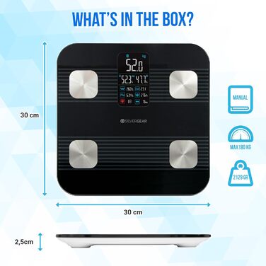 Преміум вага-аналізатор Silvergear® з Bluetooth та додатком, для аналізу складу тіла: вимірювання жиру, ІМТ, м’язової маси, води, кісткової маси, BMR і пульсу, чорна