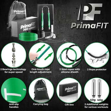 Скакалка PrimaFIT для дорослих, професійна швидкісна, 3 м, з регульованою довжиною, обтяжувачами, 2 підшипниками, антиковзкими ручками, для боксу, MMA, кросфіту, сталевий трос, чохол, зелена