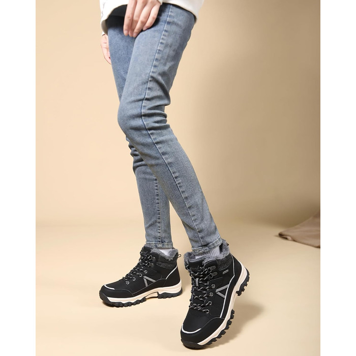 Зимові черевики для жінок: теплі трекінгові черевики, черевики для снігу, розмір 36-41 (чорний з білими лініями, 39 EU)