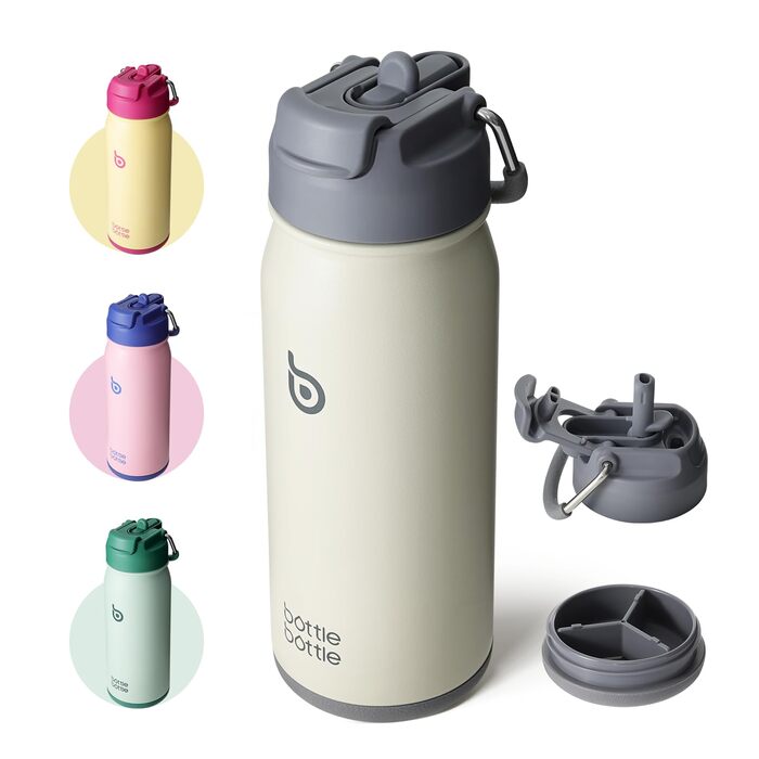Фляга для води BOTTLE Edelstahl 473мл з трубочкою та відділенням для пігулок - BPA Free, для універу, школи, спорту, дитячого садка (сіра)