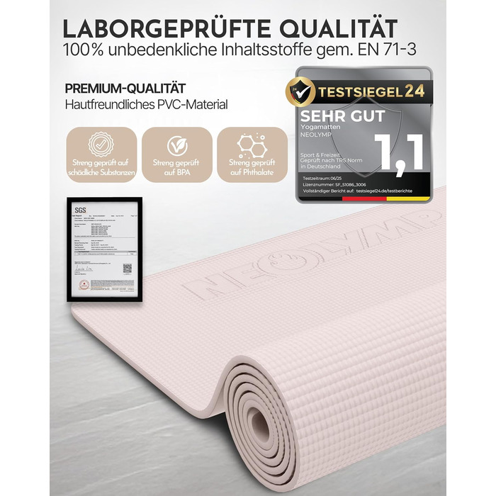 Килимок для йоги NEOLYMP - неслизький, для захисту суглобів - 183x61 см - PVC - для йоги, пілатесу - з E-book та відео-управами (Taupe)