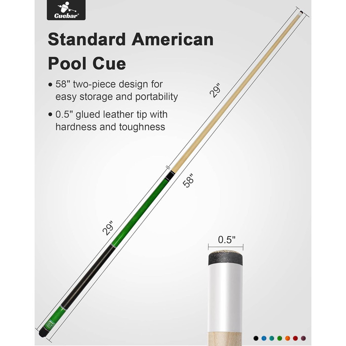 Кю-бар Pool-Queues: кий для більярду, 147 см, для дорослих, 2 частини, ручка з екошкіри, різні кольори (7 кольорів), вага 510-595 г