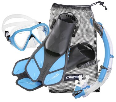 Комплект для снорклінгу Cressi BONETE Deluxe (маска, трубка, ласти, сітка) - світло-блакитний - розмір S/M - 36/42
