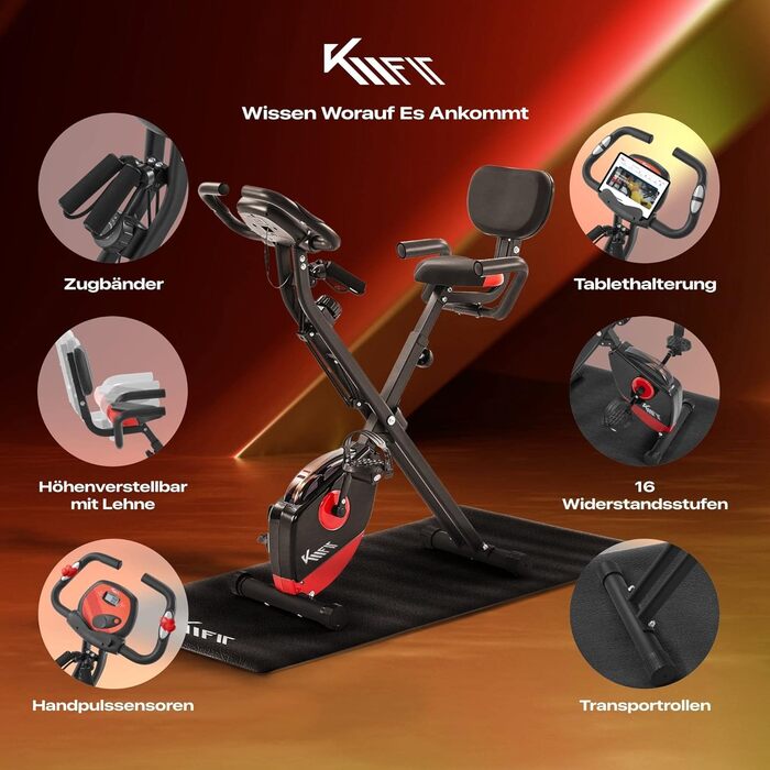 Складаний велотренажер KM Fit 2в1 з LCD-дисплеєм, 16 рівнів навантаження, сенсором пульсу, килимком та тримачем для телефону