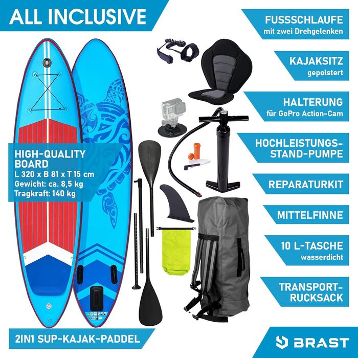 Надувна SUP-дошка BRAST SUPER Set 320x81x15 см з аксесуарами (помпа, весло, рюкзак, ремінь), гарантія 5 років, синій, зелений, червоний, бірюзовий