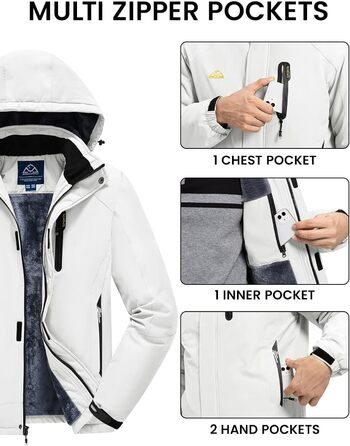 Спортивна куртка Rdruko для чоловіків: тепла зимова куртка, сноубордистська куртка з флісовою підкладкою, водонепроникна функціональна куртка для активного відпочинку та походів з капюшоном, колір білий