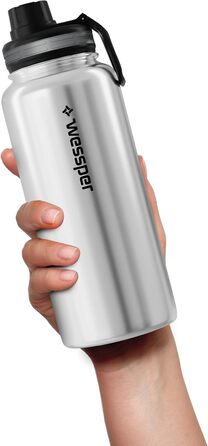 Wessper термос із нержавіючої сталі 1 л, герметична, BPA Free, 3 кришки, срібляста, пляшка для води для спорту, дітей і дорослих, для кемпінгу, велосипеда, outdoor