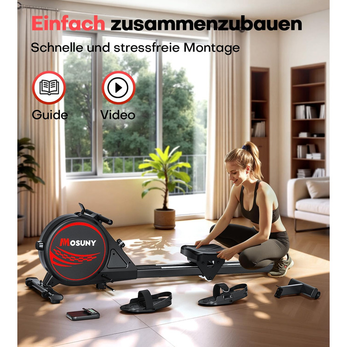 Гребний тренажер для дому з регулюванням опору 16/32 рівні, тихий магнітний, з LCD-дисплеєм, до 180 кг, чорний+червоний