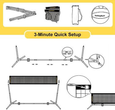 Портативне міні-волейбольне сітка, комплект з гумовим волейбольним м'ячем, насосом та сумкою. Регульована висота 7,9 м - 1,5 м для тенісного, бадмінтонного, футбольного та піклбол-сітки