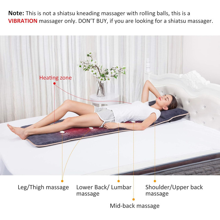 Масажний килимок Snailax з 10 вібраційними моторами та 4 терапевтичними нагрівальними подушками. Зігріваючий масажний килимок для спини та ніг, 175*60*5 см. Чудовий подарунок для чоловіків та жінок