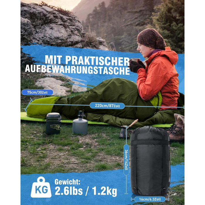 Спальний мішок 3-4 сезони, водонепроникний, ультралегкий, 220*75 см (зелений)