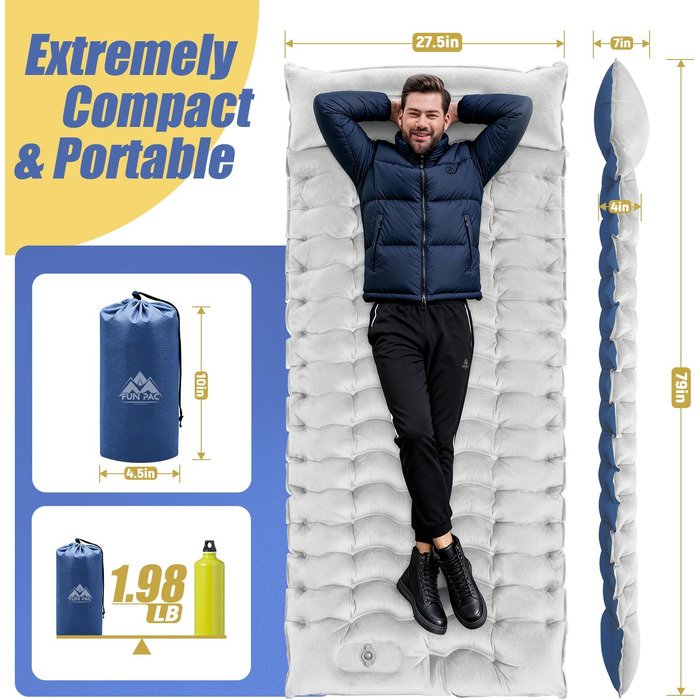 Надувний килимок для кемпінгу з подушкою, інтегрована підошва-насос, компактний, для туризму та подорожей (світло-сірий)