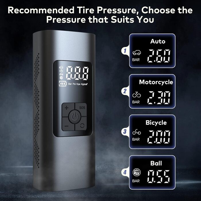 Електрична портативна насос-помпа Wistrue 150PSI з акумулятором 6000mAh, цифровим LCD-дисплеєм та функцією Powerbank для велосипедів, авто, мотоциклів і м'ячів
