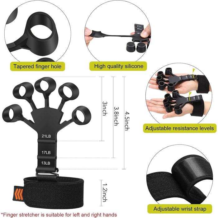Набір для тренування сили хвату (6 шт.) з тренажером для пальців, зміцнювачем хвату та кільцем для тренування передпліччя. Для розвитку м'язів та відновлення після травм. Чорний, сірий