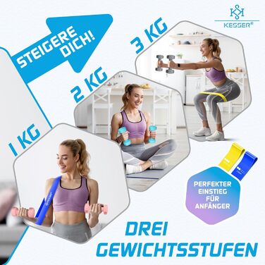 Набір гантелей KESSER® 12 кг з підставкою, 3 пари (1-5 кг), нековзкий неопрен, з інструкцією та фітнес-гумками