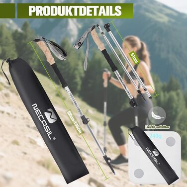 Телескопічні палиці для скандинавської ходьби Nordic Walking з корковими ручками, алюмінієві регульовані палиці для хайкінгу та прогулянок, 62–135 см, чорні (Upgrade 2025)